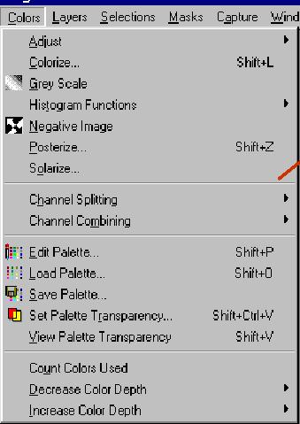 Color menu Image adjust group Visual indicator for group Channel group Palette group Color depth group Dialog Boxes A Menu choice that involves the collection of input parameters
