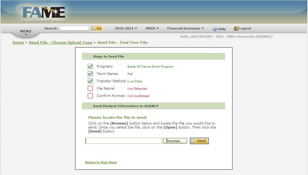 4. Click the Browse button to locate the file you want to send.