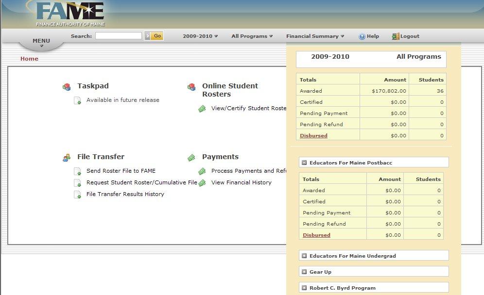 Financial Summary Click Financial Summary to view information on awards at your institution for the Academic Year.