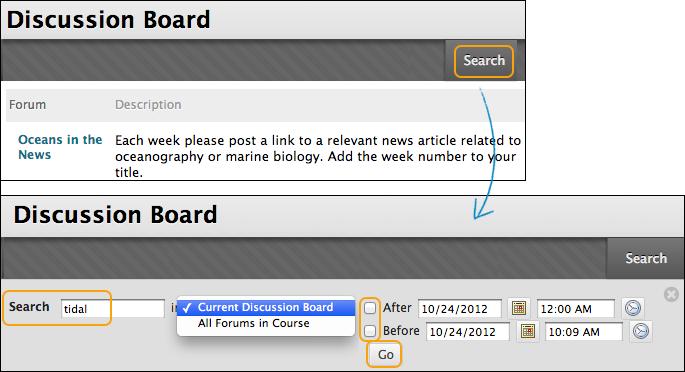 Search and Collect Posts In the discussion board, you can search for specific text, such as a phrase, word, or part of a word. The results appear on a search results page. How to Search Discussions 1.
