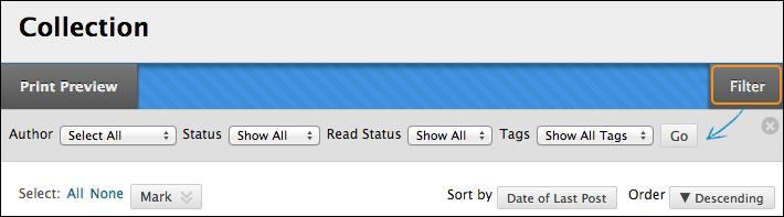 Author: Select All or select an author. Status: Show All or select a status. Read Status: Select Show All, Read, or Unread posts. Tags: Tags are text labels that act like bookmarks.