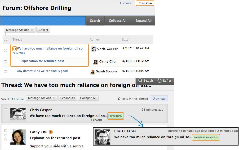 From the thread page, students can edit their posts while viewing the moderator's feedback and resubmit