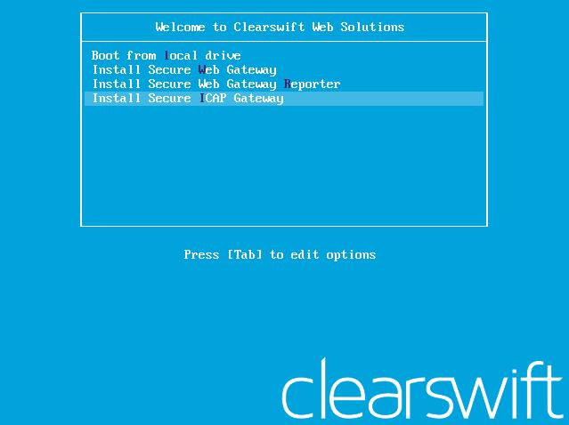2. Use the arrow keys or keyboard shortcuts to select Install Secure ICAP Gateway from the menu. Press the Enter key to select the installation. The install process begins and runs automatically.