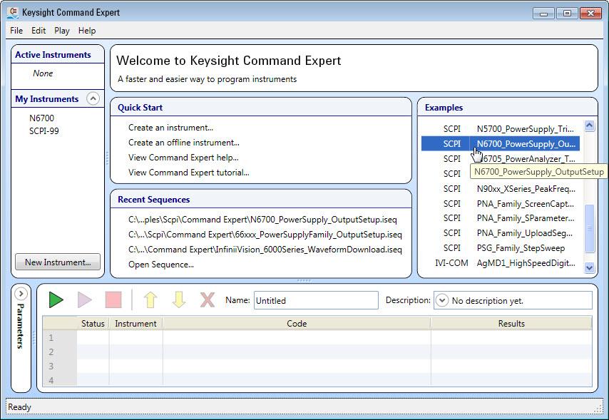 Starting Command Expert Click Start > All Programs > Keysight Command Expert > Keysight Command Expert. The Command Expert opening window (Welcome Window) is shown below.