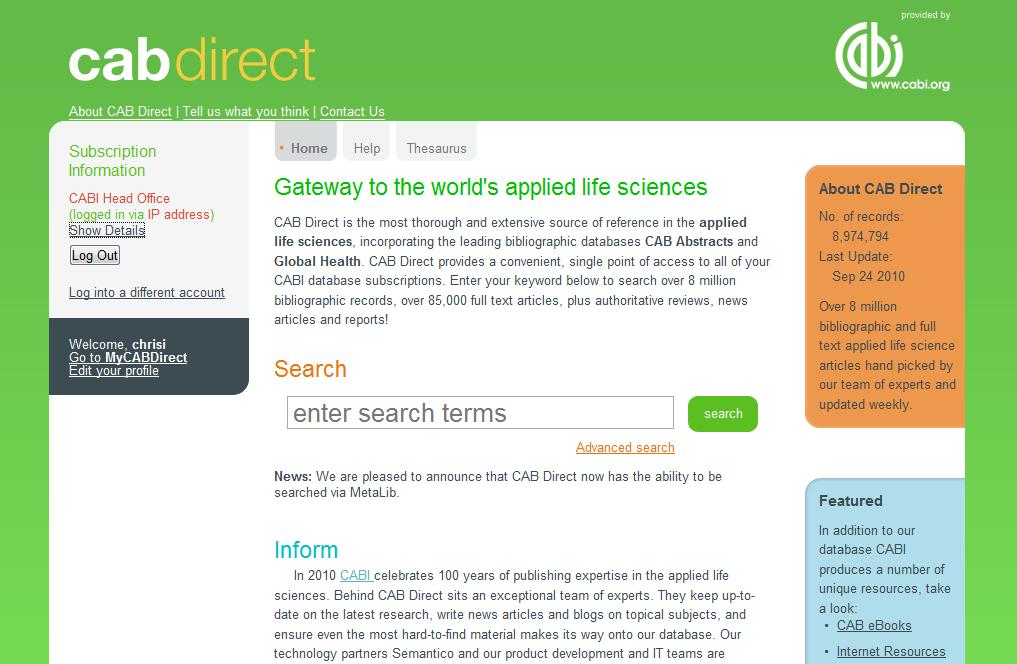 The CAB Direct Home Page This is the CAB Direct Home Page, offering a simple, Google like search box, plus links to the CAB Thesaurus, MyCABDirect and help pages.