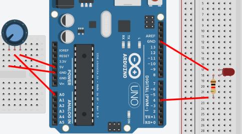 38. Complete the code below so that the user can turn the LED on and off using the potentiometer.
