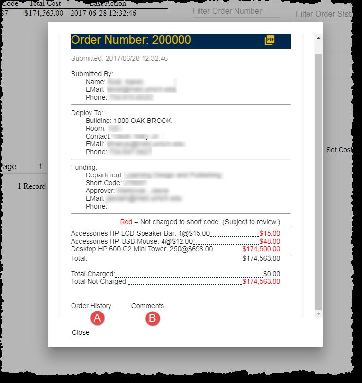 2. Click once on an order summary line in the upper left corner of the window to view a pop-up window showing the order details. Order History Comments 3.