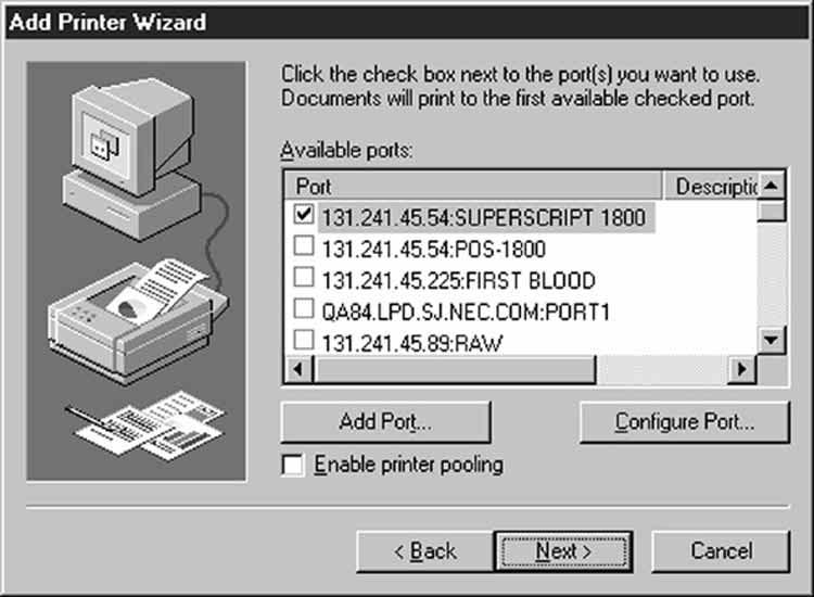 Click OK to return to the Printer Ports dialog box. 16. From the Copy Manufacturer s Files From drop-down list, select the disk drive containing the NEC SuperScript 1800 Solutions CD. 17.