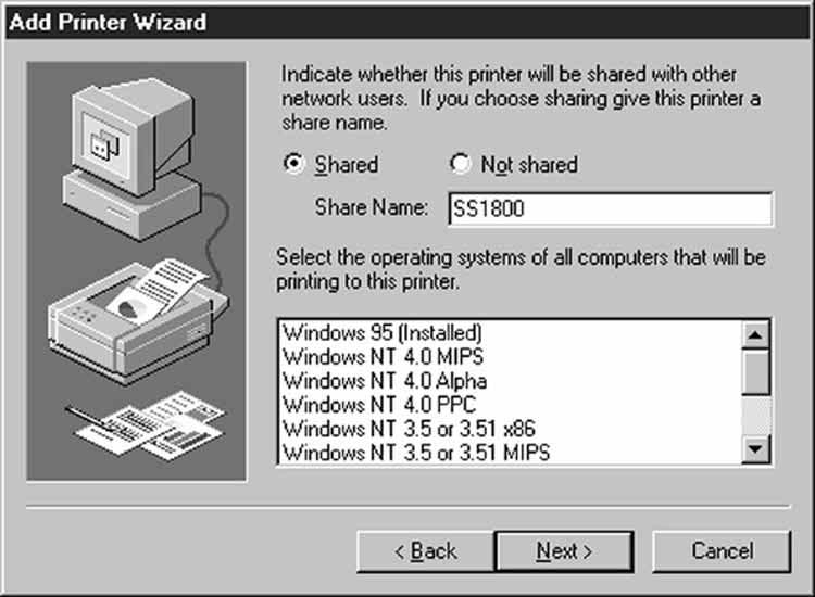 Click Open to return to the Install From Disk dialog box. 20. Click OK to return to the Add Printer Wizard. Your selected driver will appear in the Printers list. 21. Click Next to continue. 22.