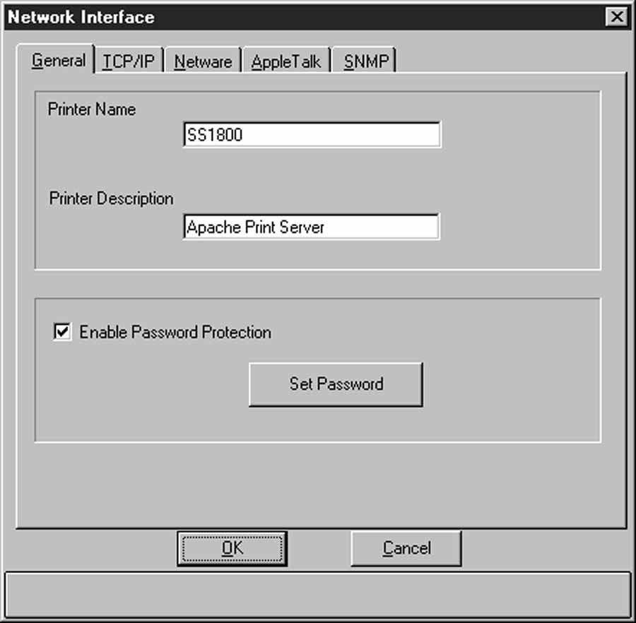Use the Network Interface window for viewing and configuring the NIC for a specific printer. It can also be used for creating NetWare printer queues and servers.