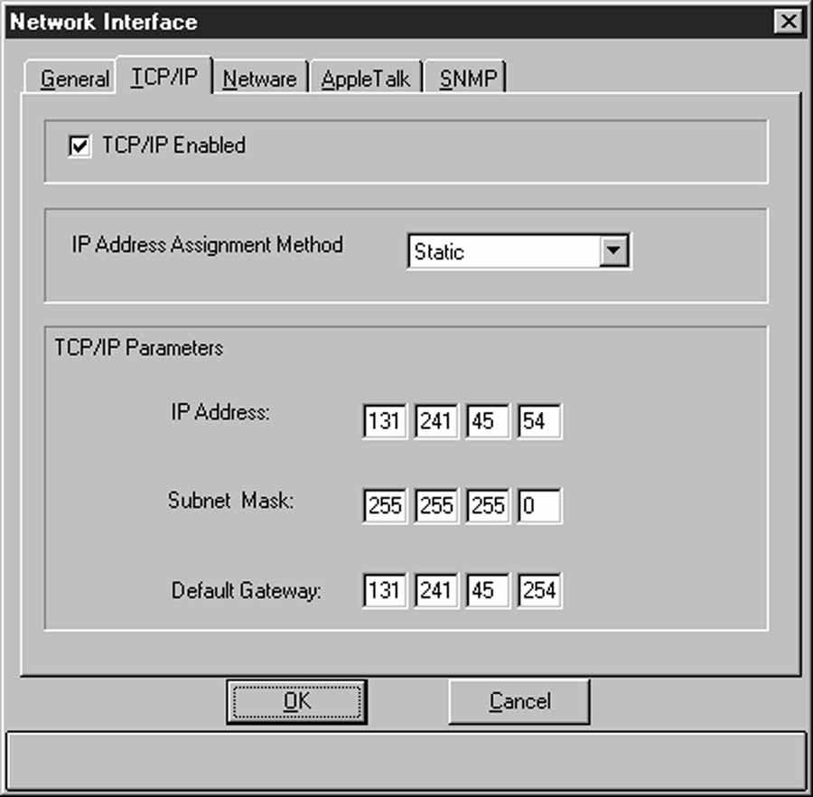 TCP/IP Tab Item TCP/IP Enabled IP Address Assignment Method TCP/IP Parameters Description Use this check box to turn on the TCP/IP protocol stack.