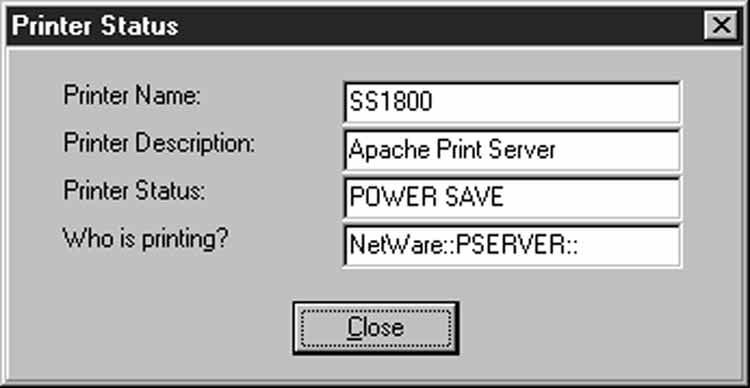 PRINTER STATUS WINDOW The Printer Status window can be started from the Maintenance menu by selecting Printer Status. Use it for viewing the operational state of a specific printer.