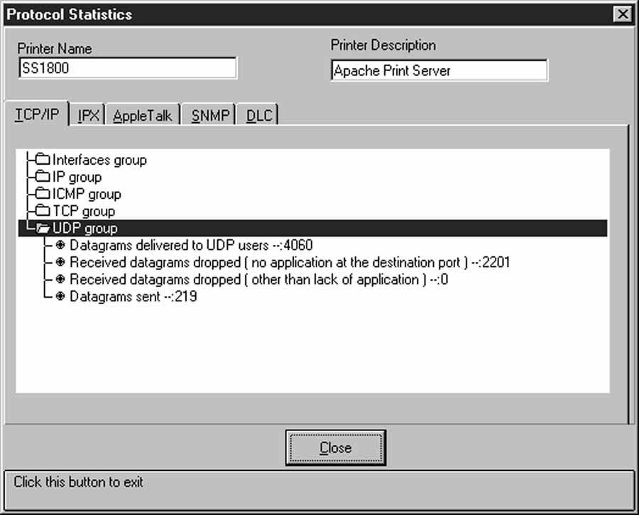 Use it for viewing packet, framing, and error activity at a specific printer s NIC. Five tabs are used for presenting information about the following types of network traffic.