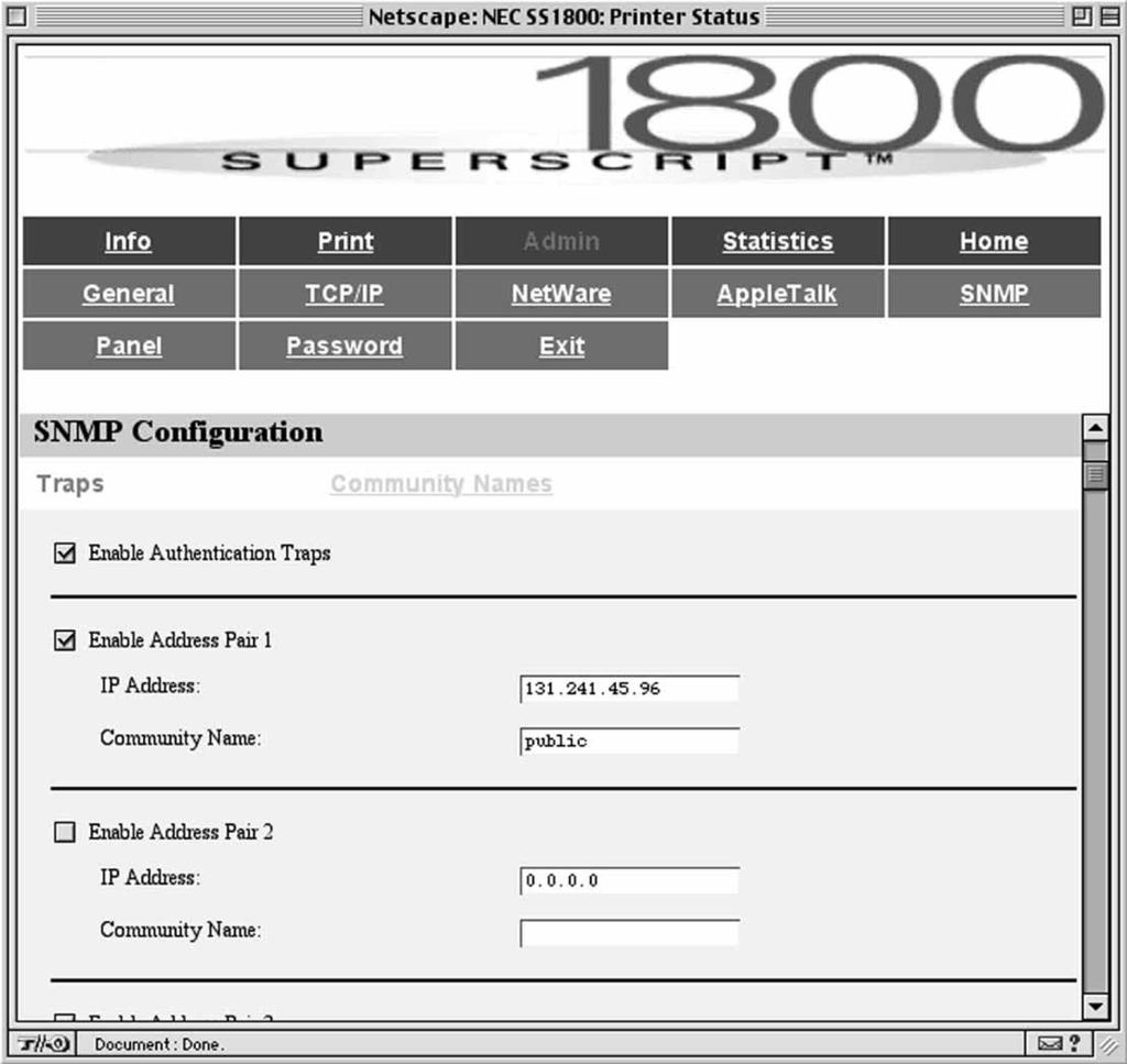 SNMP Trap Configuration SNMP Community Configuration ADMIN PAGES Item Description Enable Authentication Traps Use this check box to turn on the SNMP agent.