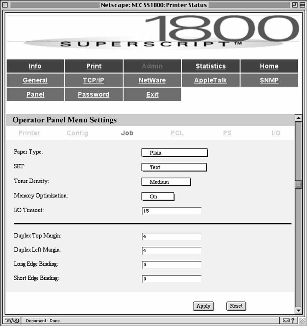 Job Page Use the Job page for adjusting the paper type, toner, and duplex settings. From the Operator Panel Menu Settings, click Job to view the Job page.