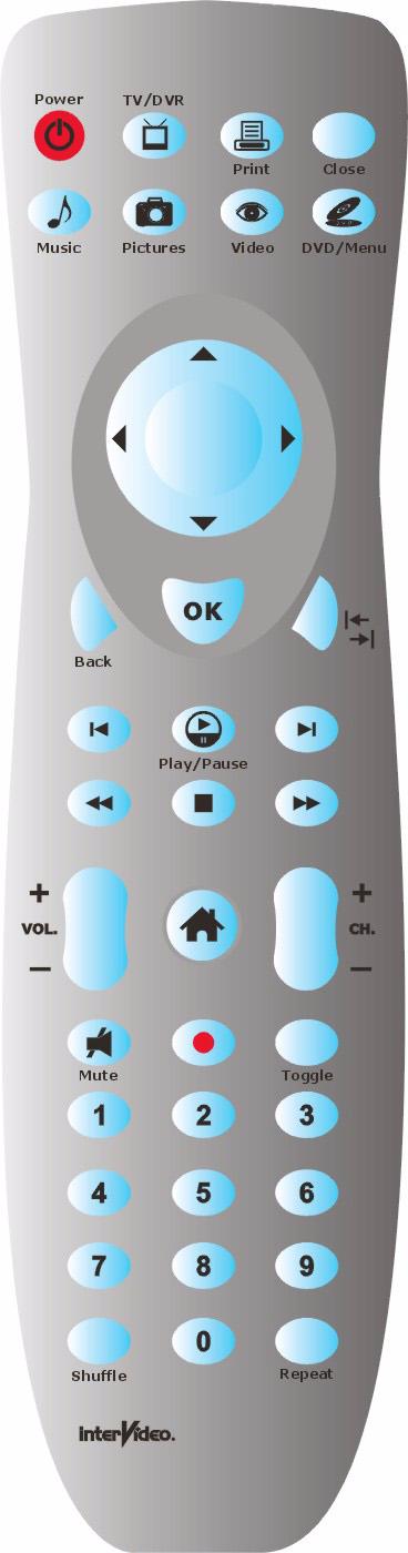 Remote Control Features Function Power off -- application or system Launch television (TV) Print Picture Close current application Launch music Launch pictures Launch video clips Launch DVD / VCD or