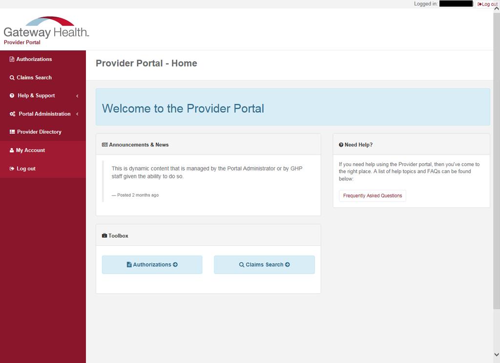 After selecting Provider Authorizations, the Gateway Health Provider Portal home page will be displayed.