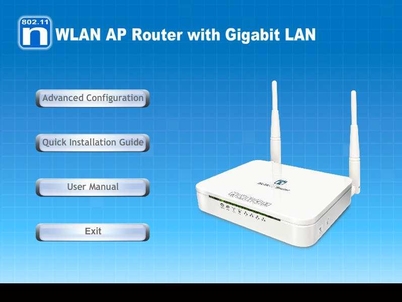 802.11n WLAN Gigabit Router Configuration 1. Please insert the supplied CD into your CD-ROM drive. 2. The CD should auto-start, displaying the window shown in 3. below.