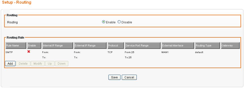 9 Routing Settings User can set a route rule (table) in here. From the Configuration menu, click on Routing.