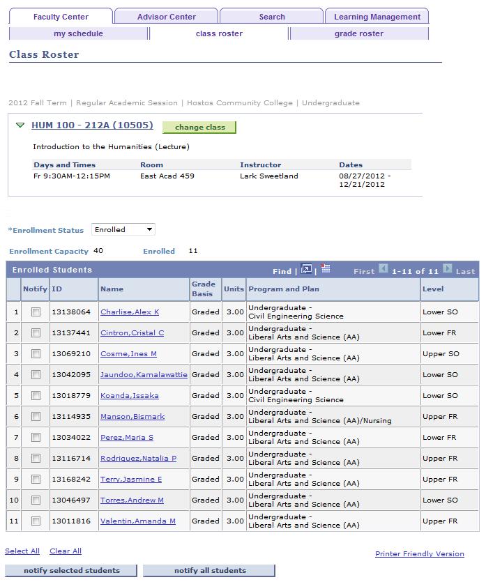 5. On the Class Roster page in the Enrolled Students section, the roster displays a list of enrolled students in alphabetical order by last and then