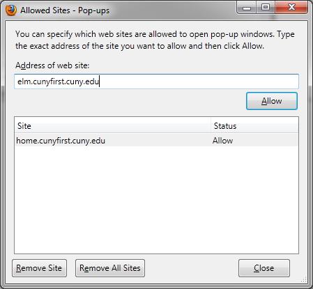 7. To add another website to the Exceptions list, on the Allowed Sites Pop-ups dialogue box