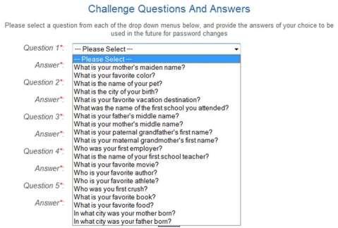 5. On the Challenge Questions and Answers page, select or create five questions and enter answers for security in the event you forget your password.