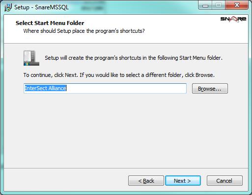 Select Start Menu Folder Select the program group within the Start Menu under which a shortcut to the Snare MSSQL Agents remote control