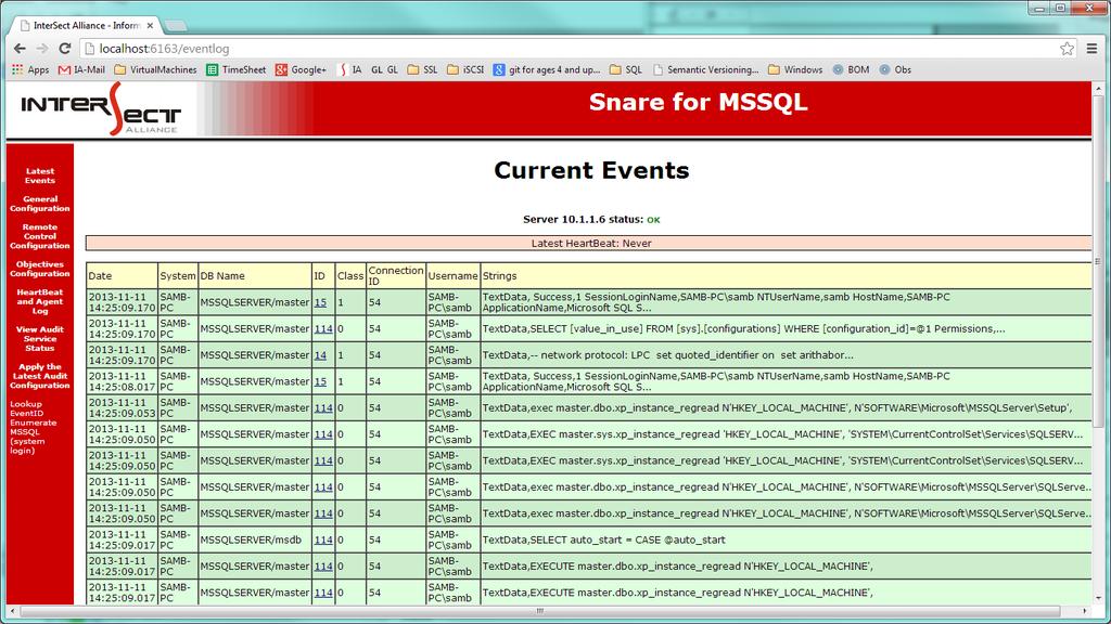5.10 Latest Events Selecting the Latest Events menu item displays the events that the SnareMSSQL service has received and kept after filtering.