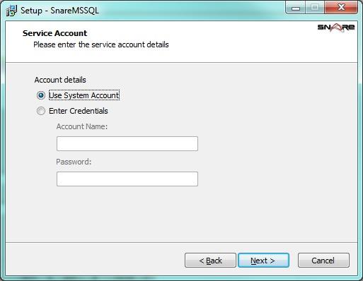 Service Account The SnareMSSQL agent requires a service account to operate. It uses this account for two main purposes: Run the service. The SYSTEM account is the default choice.