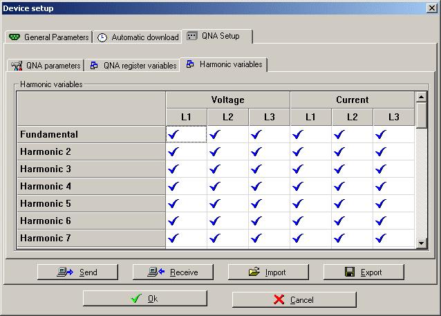 QNA harmonic variable screen (QNA parameters) Clicking Receive button you can download the QNA configuration.