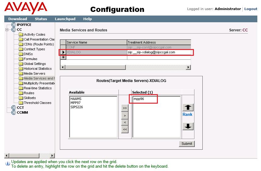 2: Using Contact Center Manager Administration (CCMA), configure the Avaya Aura Experience Portal MPP server to handle XDIALOG media services and treatment routes.