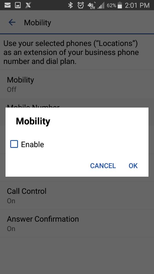Main Menu Figure 19: Disable Mobility Set Up the Anywhere Feature Use the following steps to configure the Anywhere feature: 1.