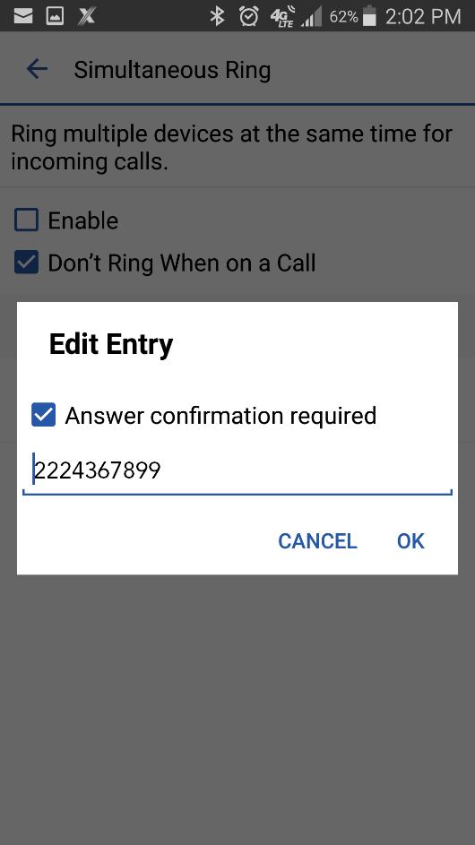Main Menu Figure 25: Edit Simultaneus Ring Entry Call Waiting You can have one active call at any one time. If you receive a new incoming call and accept it, the existing call is put on hold.