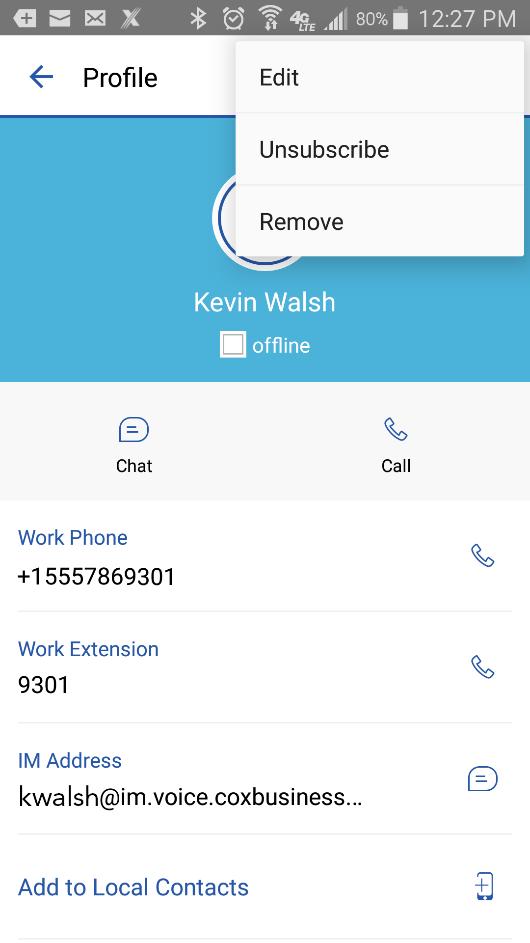 Contacts Figure 35: Contact Card Menu Options Edit 1. Tap a contact in the Contacts list to open their contact card. 2. Tap the menu icon ( ) to access the contact card menu options, and select Edit.