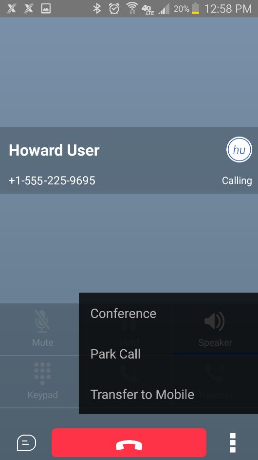 Audio Calls Call Menu Options Tap the menu button to open the Call Menu, where you can create a conference, park a call or transfer a data call to mobile.