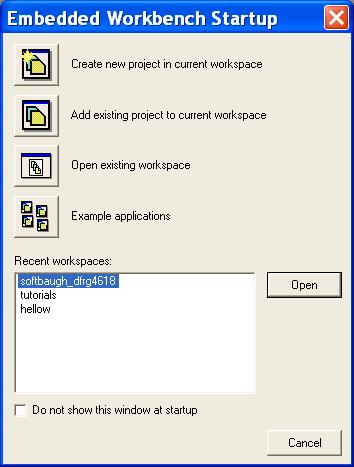 Figure 1. Embedded Workbench Startup. 1.2. Setting Up a New Project Step 1. Create a new project. 1.1. To create a new project, choose Project>Create New Project.