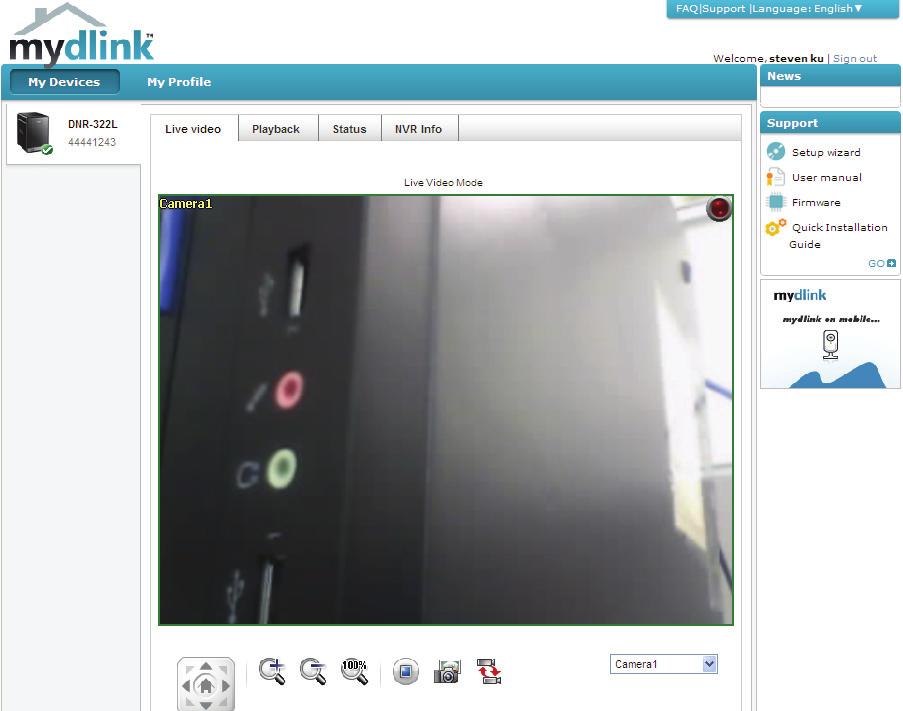 Section 4 - mydlink Portal Live Video In the main part of the screen, the Live Video tab will be selected by default. If the NVR is available, you will need to log in to NVR first.