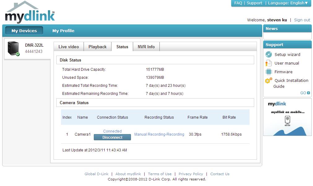 Section 4 - mydlink Portal Status The NVR Status tab allows you to view your NVR s information and camera status.