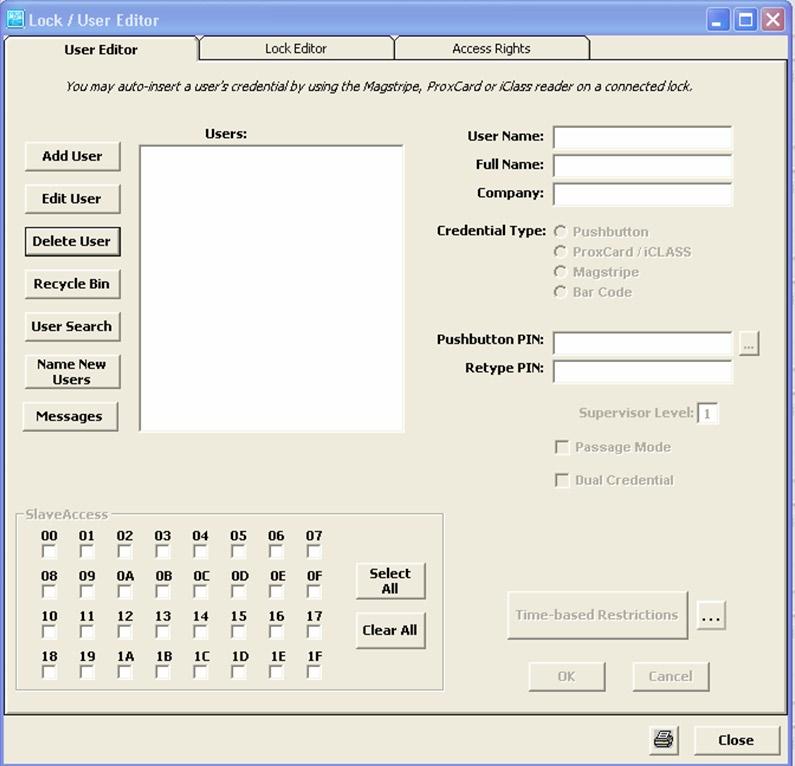 lock / user editor LockView NTC 4.2 Operator s Manual LockView NTC Instruction Manual The Lock/User Editor window allows the Operator to modify the user and lock databases.