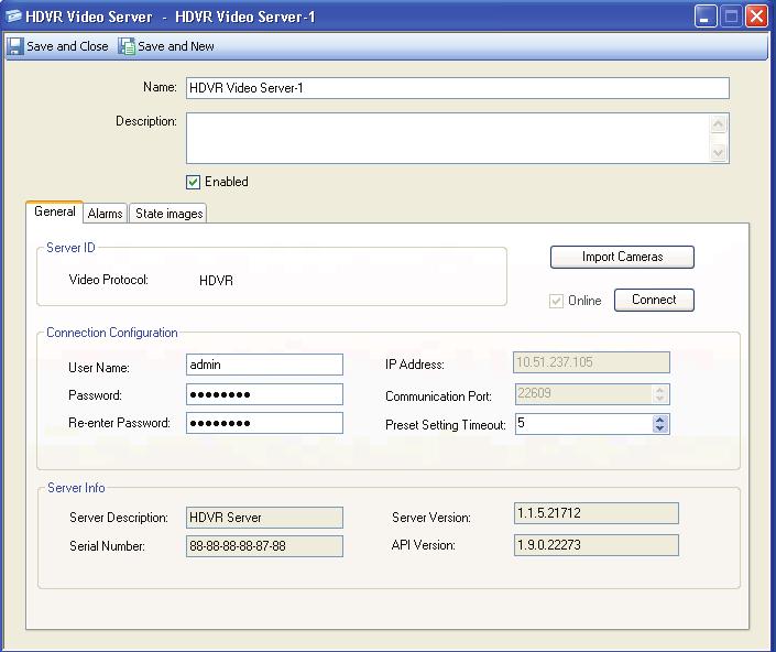 HDVR Video Server General Tab HDVR Video Server General Tab As shown in Figure 3-1 on page 3-6, in the HDVR Video Server General tab, you can set Server Information and import cameras.