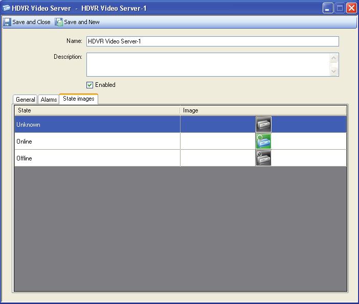 HDVR Video Server State Images Tab HDVR Video Server State Images Tab The State Images tab, shown in Figure 3-3 on page 3-14, provides a means to change the default images used to indicate the HDVR