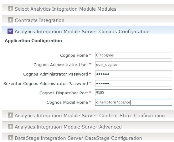 The following image shows the options that you must specify for Cognos. Note: The alues listed in the image are examples. Consult your network administrator for details.