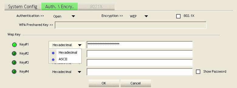 You may select 64 or 128-bit WEP (Wired Equivalent Privacy) key to encrypt data (Default setting is Disable). WEP encrypts each frame transmitted from the radio using one of the Keys from a panel.