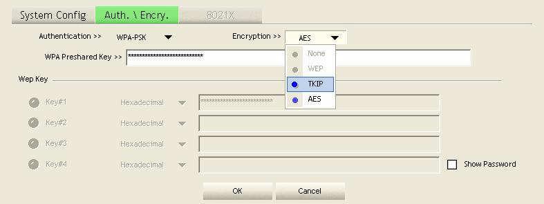 counterpart in the client. Authentication Type: Select WPA or WPA2 from the drop-down list. Encryption: Select TKIP or AES from the drop-down list.