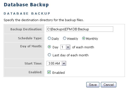 3. On this screen, enter the following information. Backup Destination. Enter an absolute path to a directory in which to store the backed up database files.