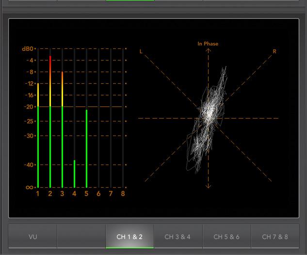 26 Blackmagic UltraScope 6. Audio Metering Display Audio Metering Display shows you the audio levels in the embedded audio of the SDI video signal.