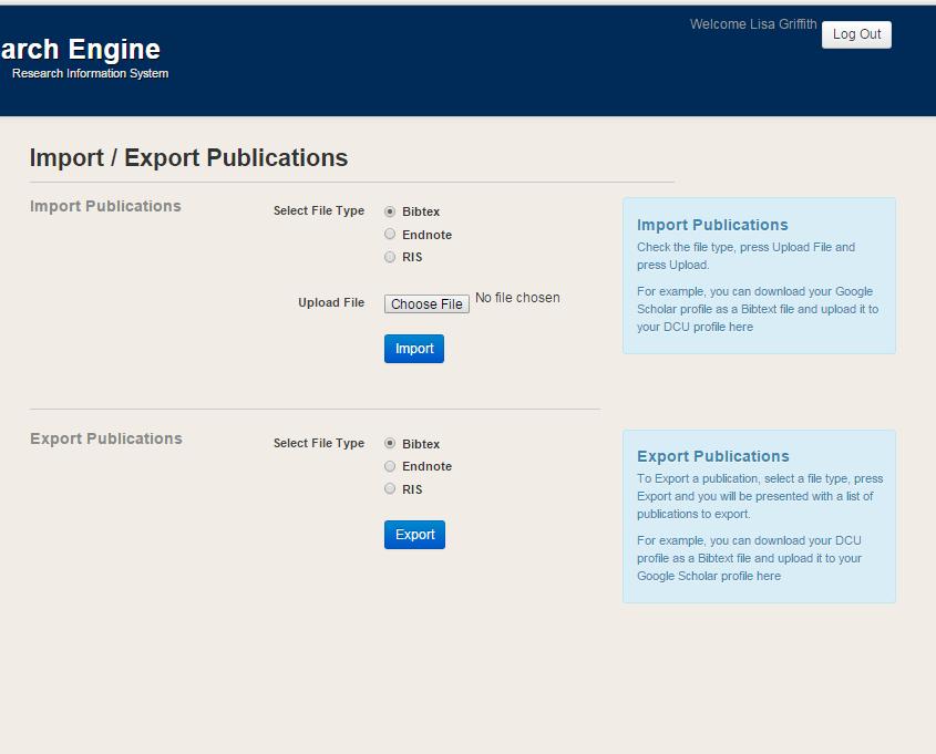 Import /Export To import or export a publication to/from your Profile, click on the Import/Export in the Publications tab.