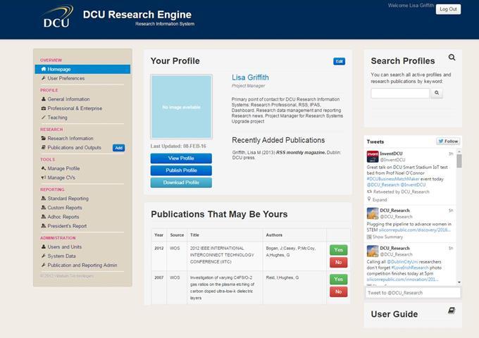 Homepage The Homepage of DCU Research Engine is a summary of your activities and profile. It is the first page which you see when you log into the system.