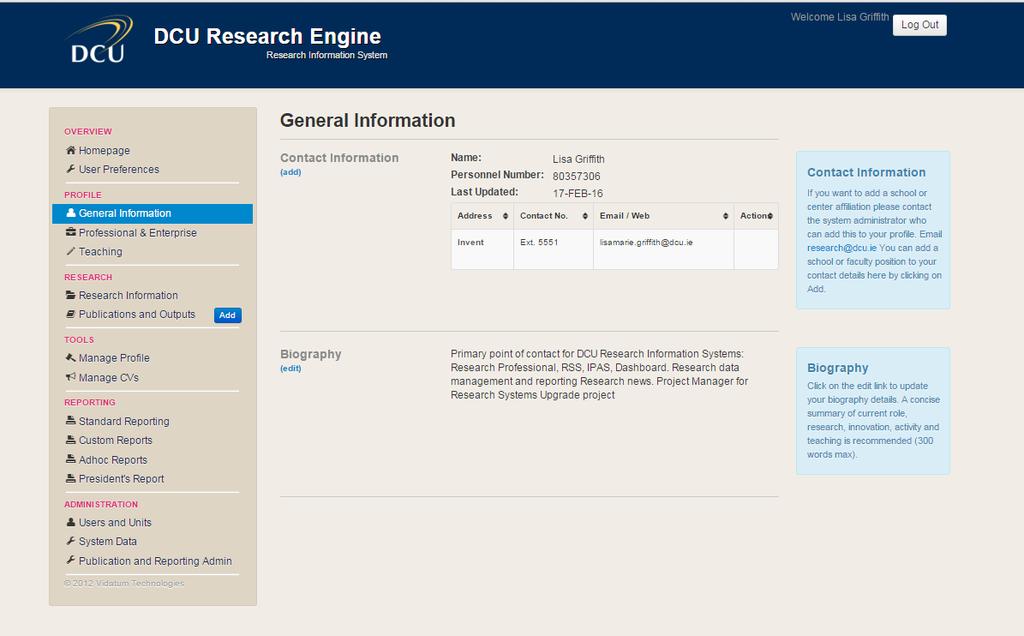 General Information The General Information section allows you to review your Profile details and to add center affiliations. Please note that more than one can be added here.