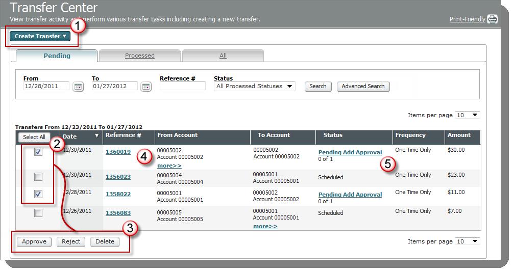 Chapter 1 Transfers Overview The following table describes the features noted in the preceding illustration. 1 New transfers can be created by clicking the Create Transfer button.